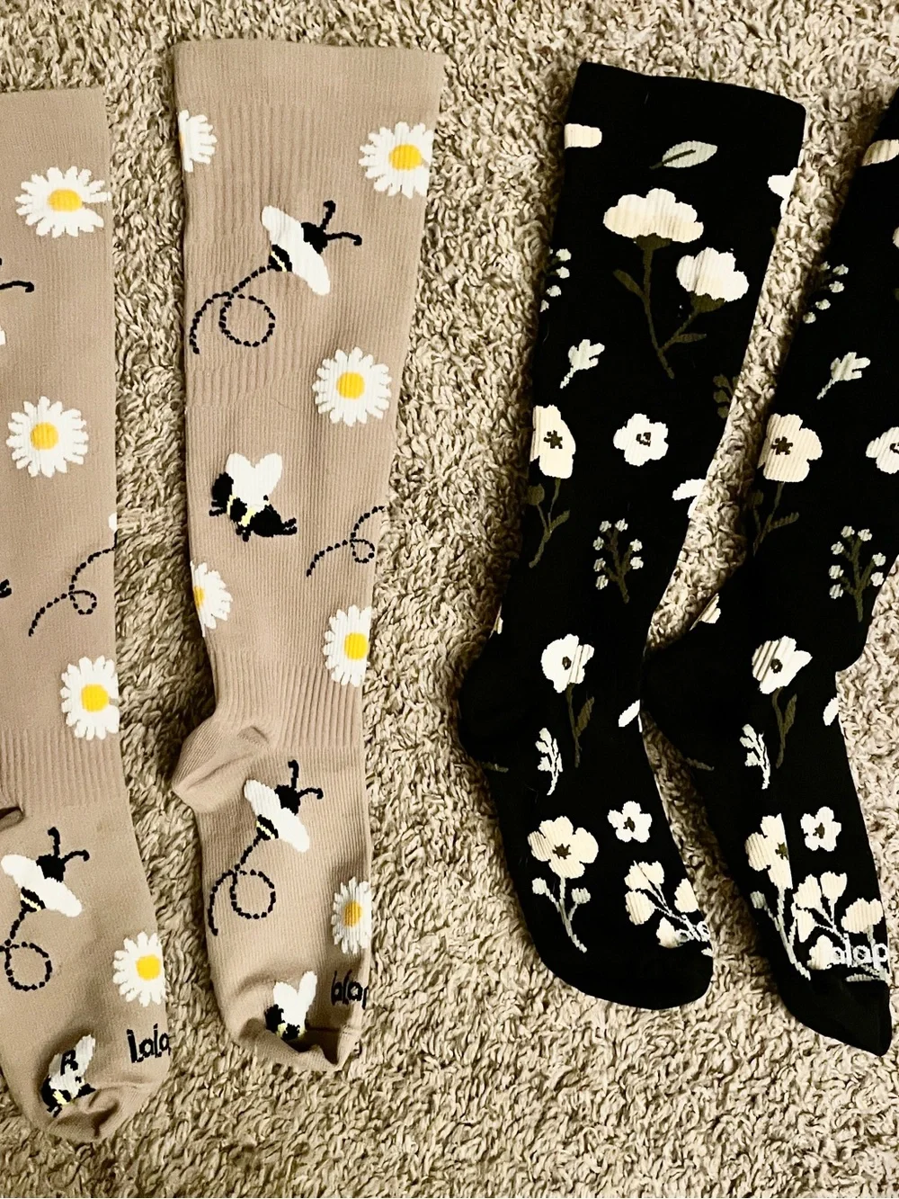 Floral Knee-High Socks — Beige Daisy & Black Bloom (2-Pack)